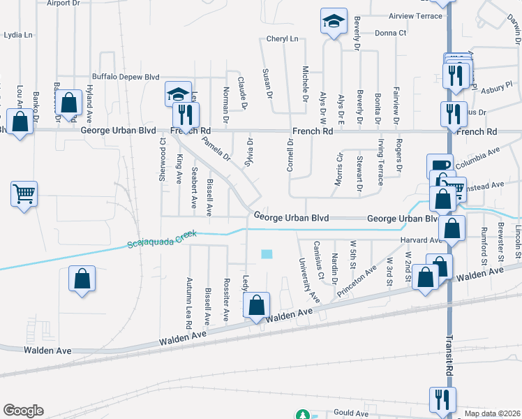 map of restaurants, bars, coffee shops, grocery stores, and more near 2852 George Urban Boulevard in Depew