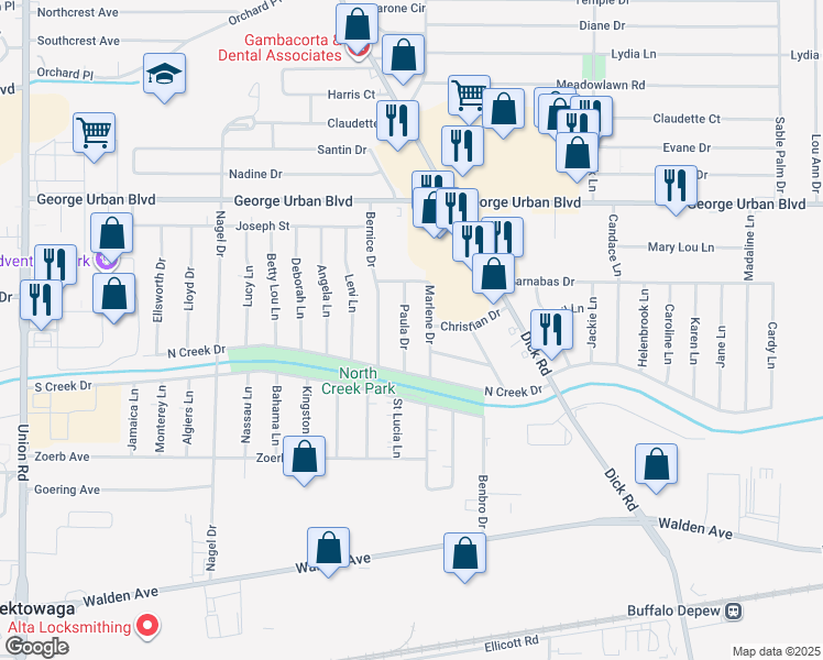 map of restaurants, bars, coffee shops, grocery stores, and more near 38 Paula Drive in Cheektowaga