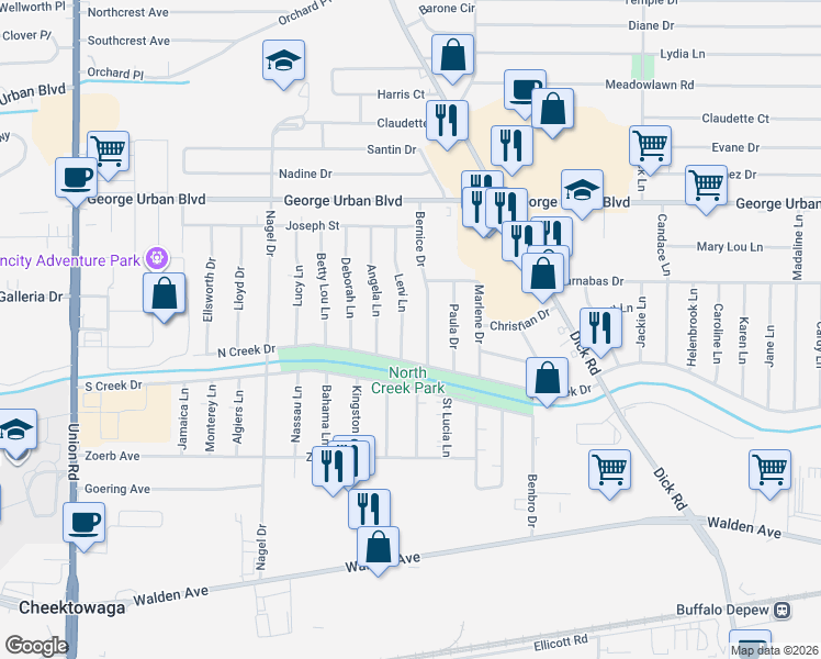 map of restaurants, bars, coffee shops, grocery stores, and more near 78 Leni Lane in Buffalo