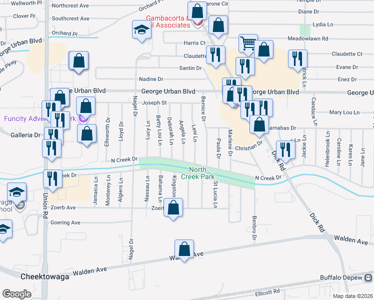 map of restaurants, bars, coffee shops, grocery stores, and more near 77 Angela Lane in Buffalo