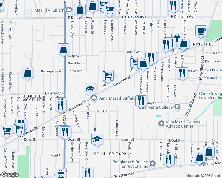 map of restaurants, bars, coffee shops, grocery stores, and more near 2041 Genesee Street in Buffalo