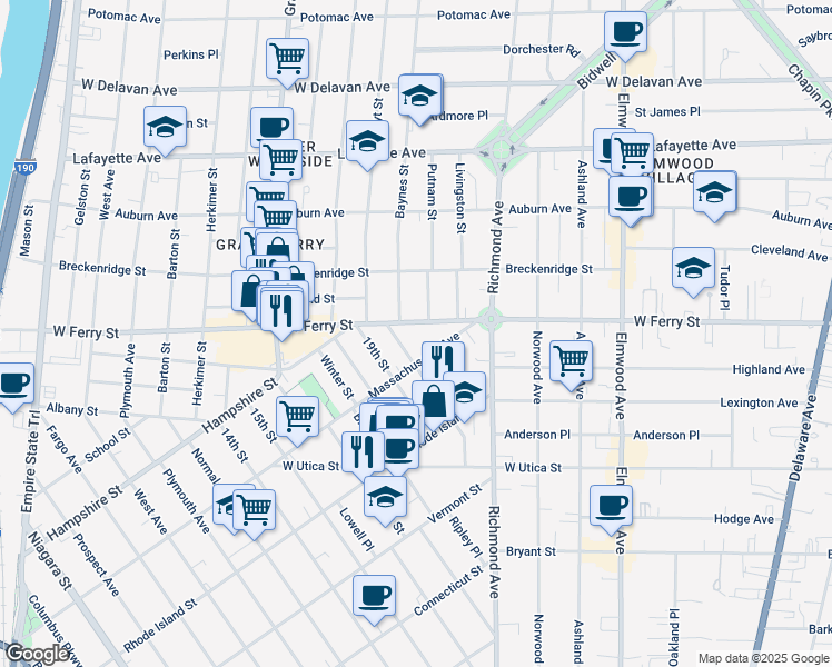 map of restaurants, bars, coffee shops, grocery stores, and more near 453 West Ferry Street in Buffalo