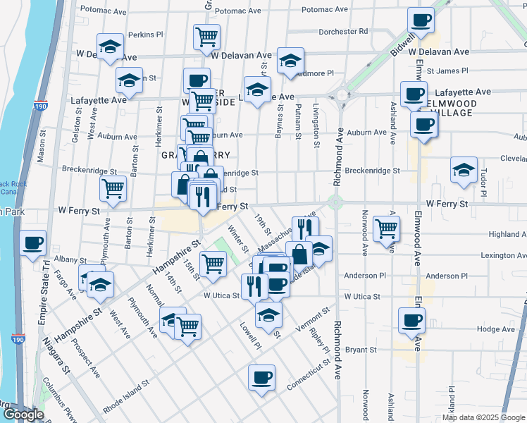 map of restaurants, bars, coffee shops, grocery stores, and more near 113 19th Street in Buffalo