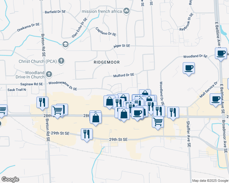 map of restaurants, bars, coffee shops, grocery stores, and more near 2787 Swansea Drive Southeast in Grand Rapids
