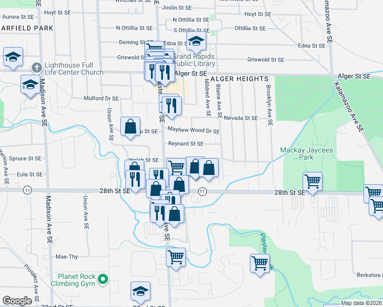map of restaurants, bars, coffee shops, grocery stores, and more near 845 Walsh Street Southeast in Grand Rapids