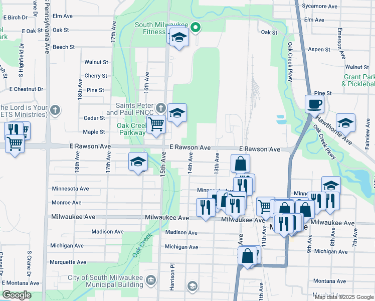 map of restaurants, bars, coffee shops, grocery stores, and more near 1413 Rawson Avenue in South Milwaukee