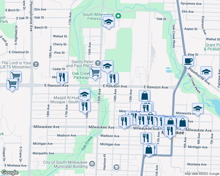map of restaurants, bars, coffee shops, grocery stores, and more near 1413 Rawson Avenue in South Milwaukee