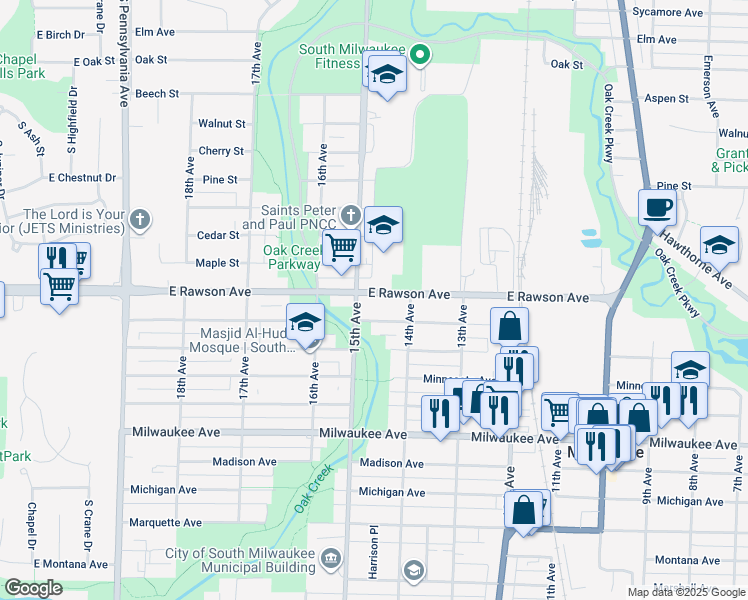 map of restaurants, bars, coffee shops, grocery stores, and more near 1413 Rawson Avenue in South Milwaukee