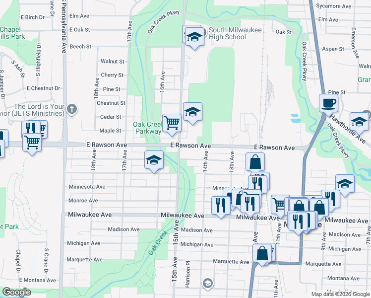 map of restaurants, bars, coffee shops, grocery stores, and more near 1501 Rawson Avenue in South Milwaukee