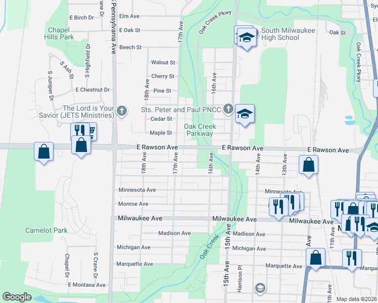 map of restaurants, bars, coffee shops, grocery stores, and more near 1619 Rawson Avenue in South Milwaukee