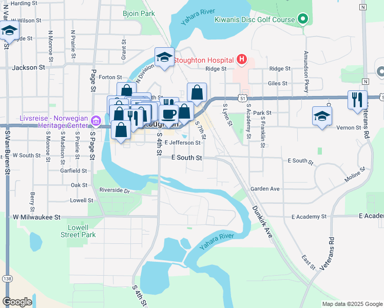 map of restaurants, bars, coffee shops, grocery stores, and more near 424 South 6th Street in Stoughton