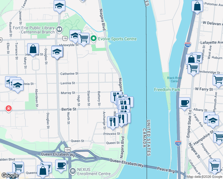 map of restaurants, bars, coffee shops, grocery stores, and more near 27 Murray Street in Fort Erie