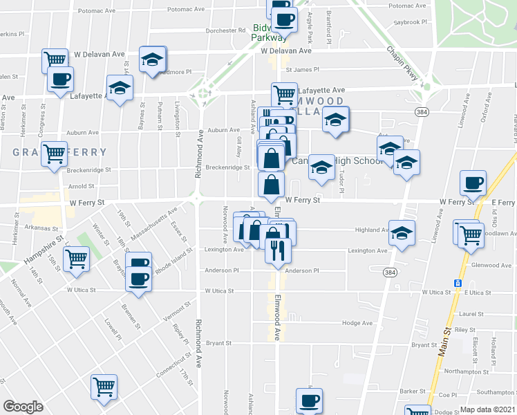 map of restaurants, bars, coffee shops, grocery stores, and more near 605 West Ferry Street in Buffalo