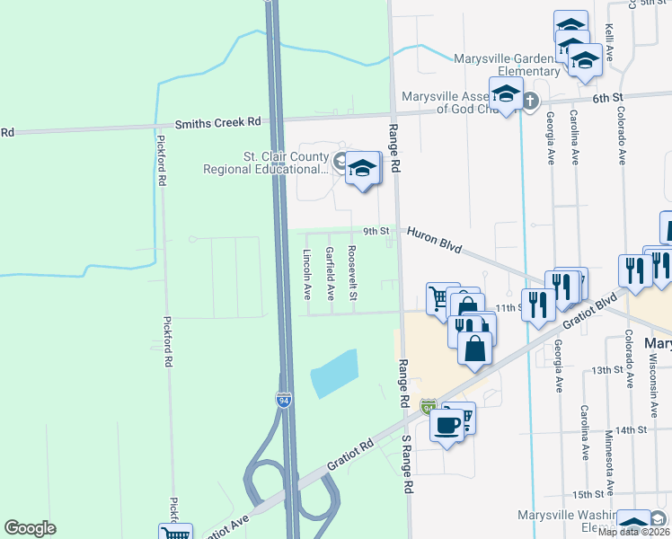 map of restaurants, bars, coffee shops, grocery stores, and more near 316 Garfield Avenue in Smiths Creek