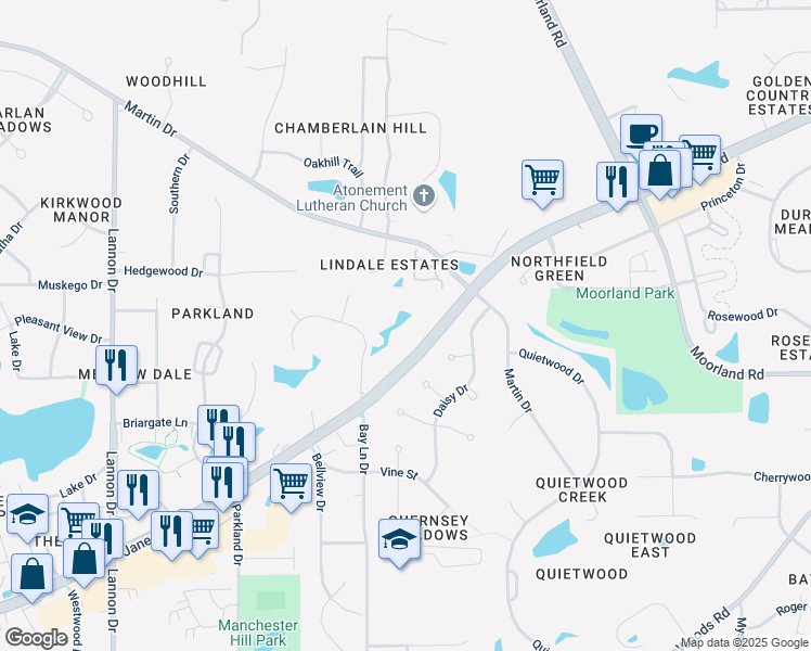 map of restaurants, bars, coffee shops, grocery stores, and more near S71W16222 Janesville Road in Muskego