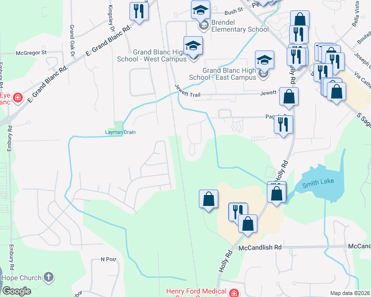 map of restaurants, bars, coffee shops, grocery stores, and more near 8089 Clover Ridge Court in Grand Blanc