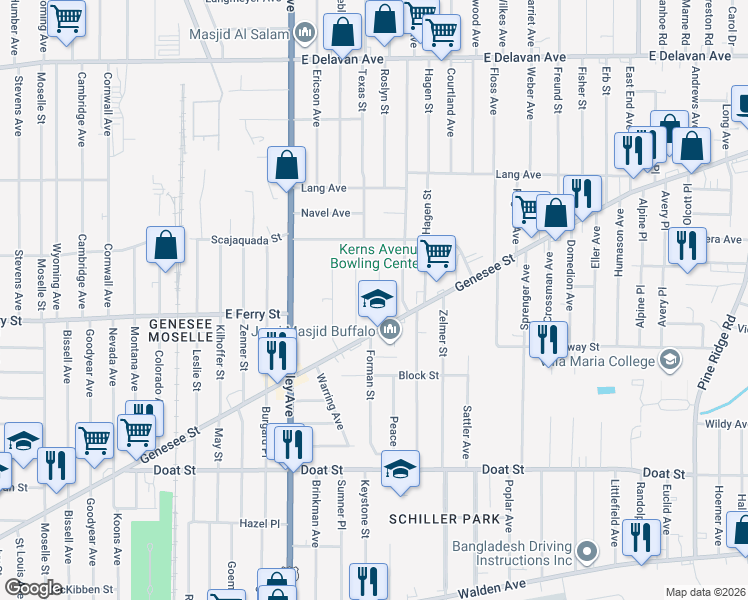 map of restaurants, bars, coffee shops, grocery stores, and more near 32 Roslyn Street in Buffalo
