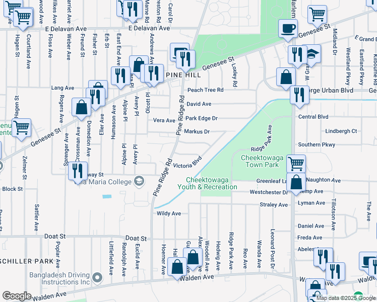 map of restaurants, bars, coffee shops, grocery stores, and more near 20 Pinewood Terrace in Buffalo
