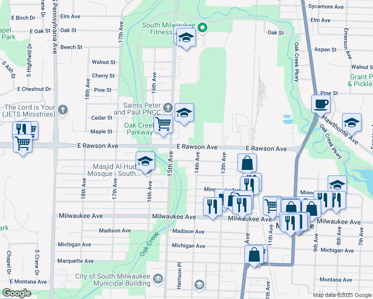 map of restaurants, bars, coffee shops, grocery stores, and more near 1413 Rawson Avenue in South Milwaukee