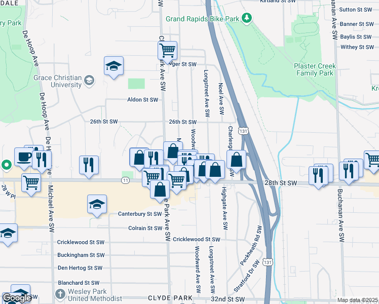 map of restaurants, bars, coffee shops, grocery stores, and more near 2704 Woodward Avenue Southwest in Wyoming