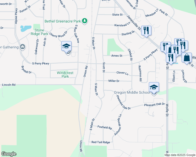 map of restaurants, bars, coffee shops, grocery stores, and more near 716 South Main Street in Oregon