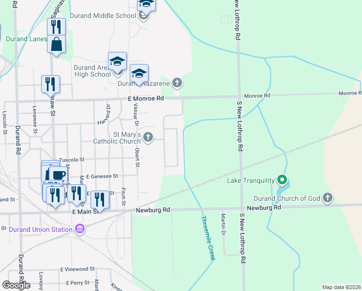 map of restaurants, bars, coffee shops, grocery stores, and more near 406 Hampton Road in Durand