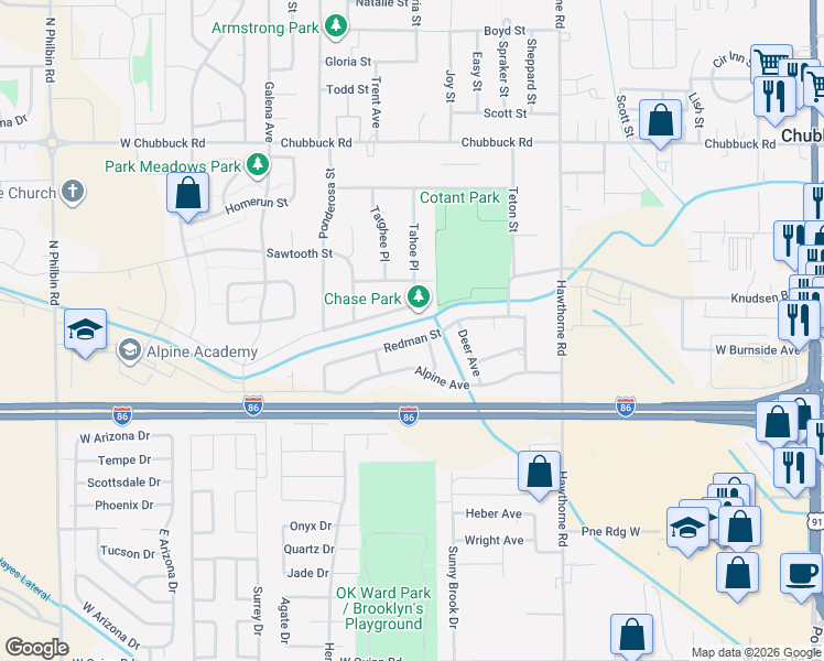 map of restaurants, bars, coffee shops, grocery stores, and more near 740 Redman St in Pocatello