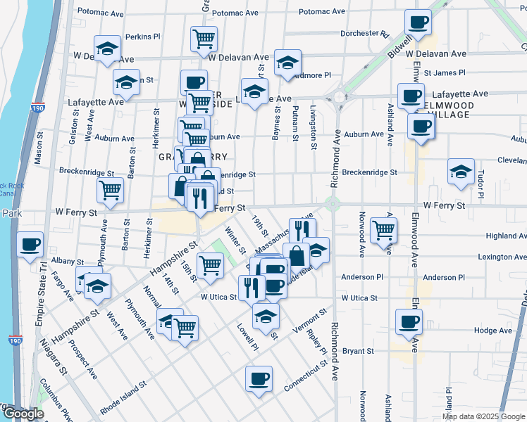 map of restaurants, bars, coffee shops, grocery stores, and more near 113 19th Street in Buffalo