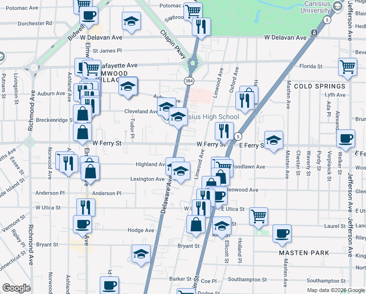 map of restaurants, bars, coffee shops, grocery stores, and more near 1149 Delaware Avenue in Buffalo