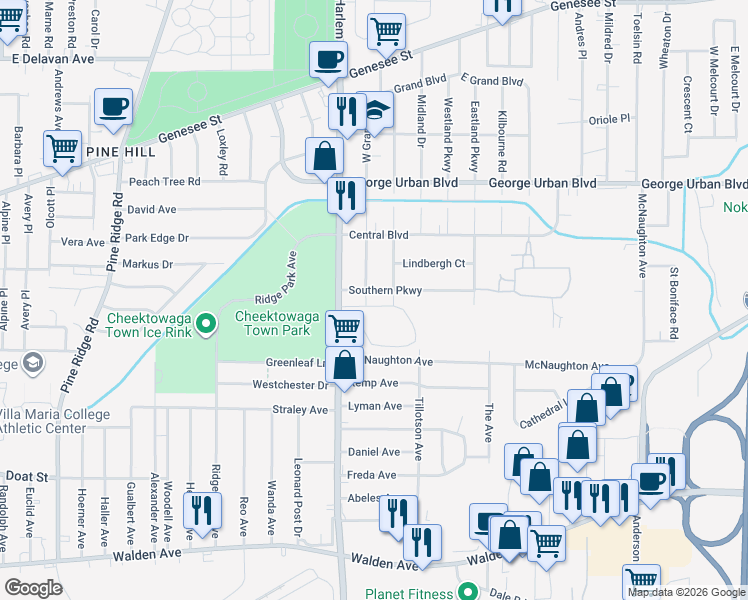 map of restaurants, bars, coffee shops, grocery stores, and more near 33 Southern Parkway in Buffalo