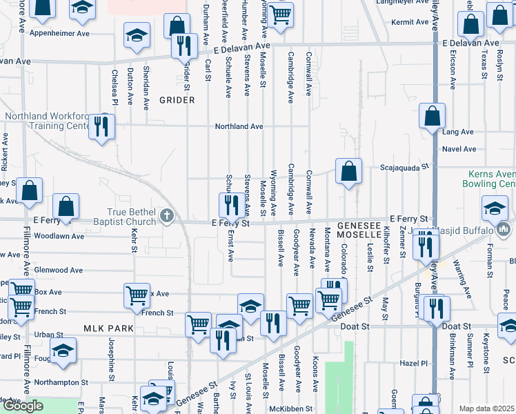 map of restaurants, bars, coffee shops, grocery stores, and more near 15 Stevens Avenue in Buffalo