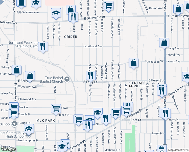 map of restaurants, bars, coffee shops, grocery stores, and more near 15 Stevens Avenue in Buffalo