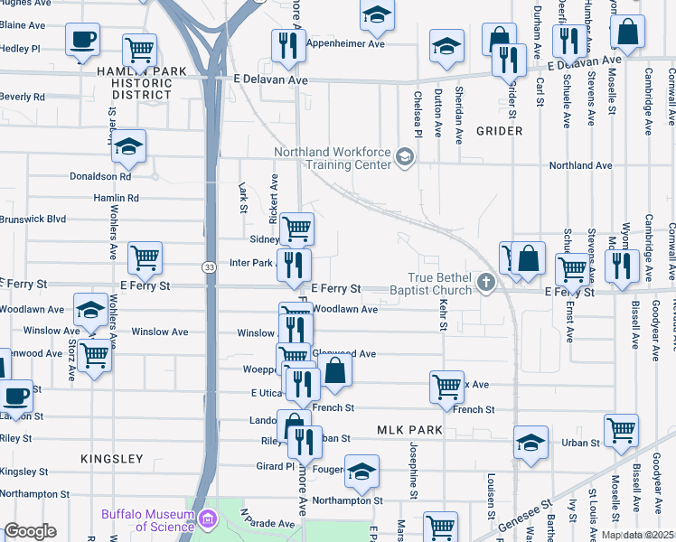 map of restaurants, bars, coffee shops, grocery stores, and more near 728 East Ferry Street in Buffalo