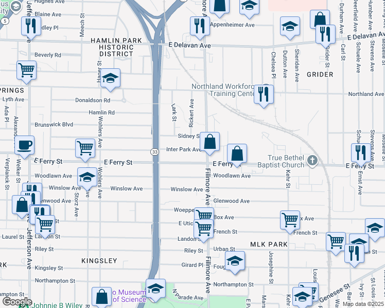 map of restaurants, bars, coffee shops, grocery stores, and more near 654 East Ferry Street in Buffalo