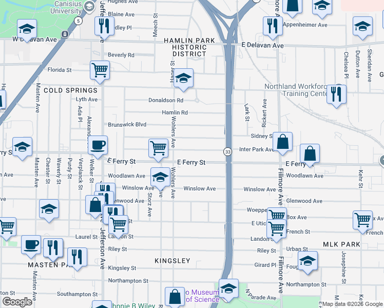 map of restaurants, bars, coffee shops, grocery stores, and more near 492 East Ferry Street in Buffalo