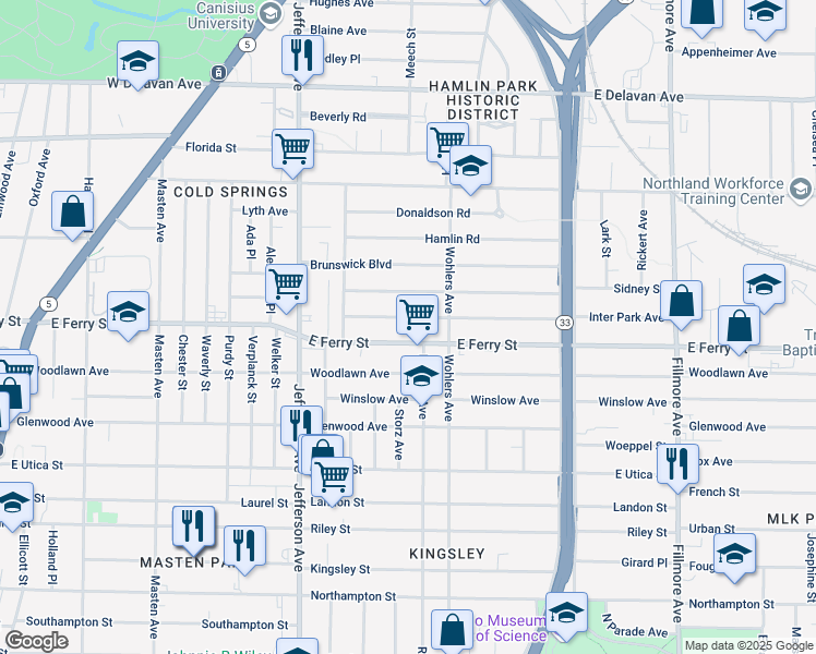 map of restaurants, bars, coffee shops, grocery stores, and more near 416 East Ferry Street in Buffalo