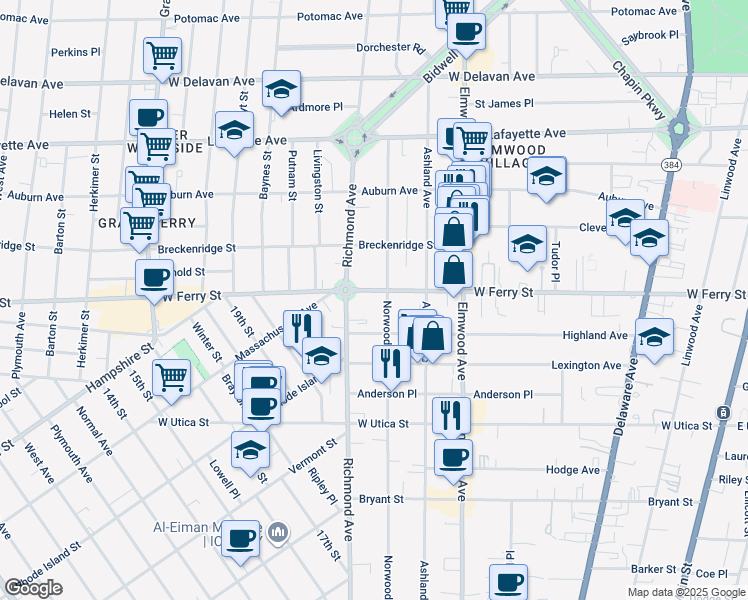 map of restaurants, bars, coffee shops, grocery stores, and more near in Buffalo