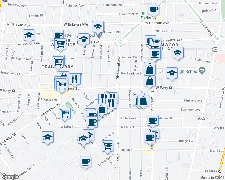 map of restaurants, bars, coffee shops, grocery stores, and more near 535 Massachusetts Avenue in Buffalo