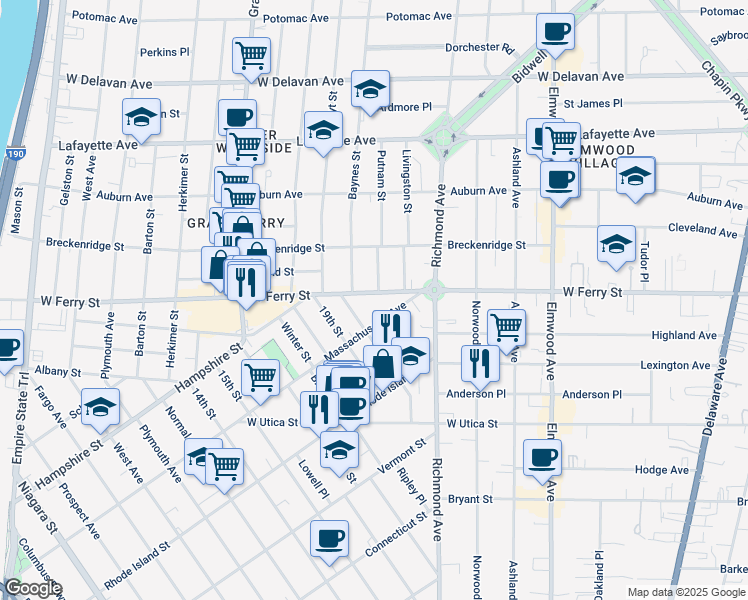map of restaurants, bars, coffee shops, grocery stores, and more near 453 West Ferry Street in Buffalo