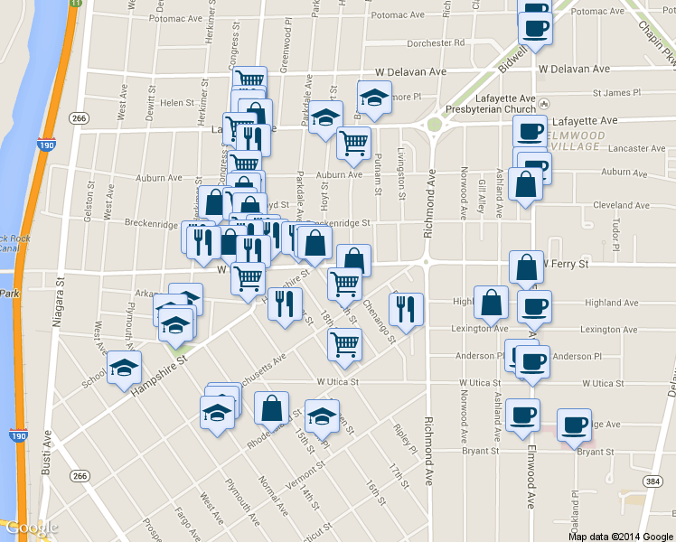 map of restaurants, bars, coffee shops, grocery stores, and more near 113 19th Street in Buffalo