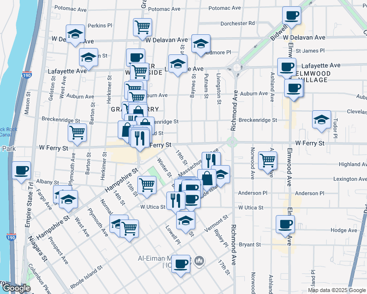 map of restaurants, bars, coffee shops, grocery stores, and more near 113 19th Street in Buffalo