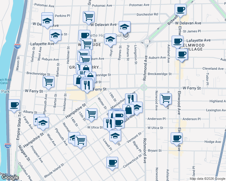 map of restaurants, bars, coffee shops, grocery stores, and more near 113 19th Street in Buffalo