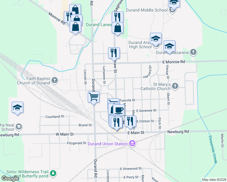 map of restaurants, bars, coffee shops, grocery stores, and more near 409 North Saginaw Street in Durand