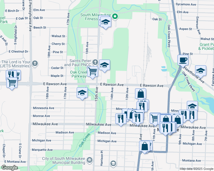 map of restaurants, bars, coffee shops, grocery stores, and more near 1413 Rawson Avenue in South Milwaukee