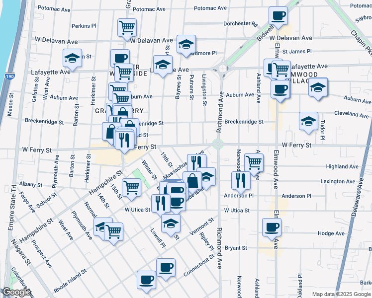 map of restaurants, bars, coffee shops, grocery stores, and more near 453 West Ferry Street in Buffalo