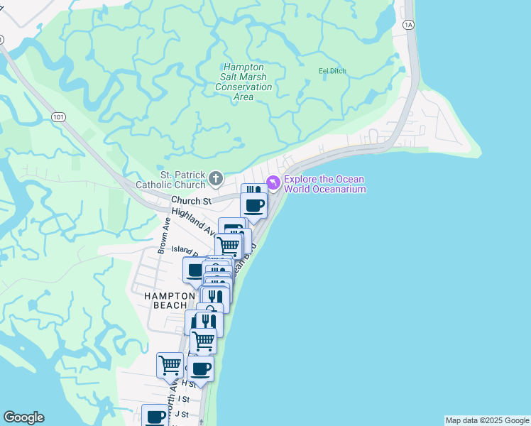 map of restaurants, bars, coffee shops, grocery stores, and more near 347 Ocean Boulevard in Hampton
