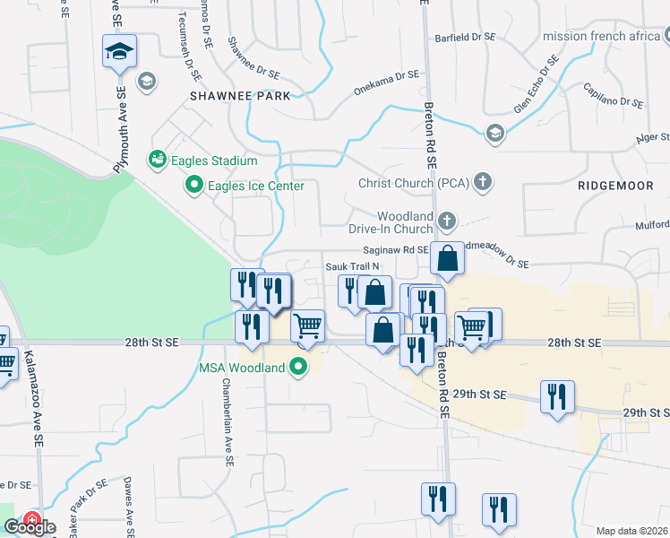 map of restaurants, bars, coffee shops, grocery stores, and more near 2709 Modoc Trail Southeast in Grand Rapids