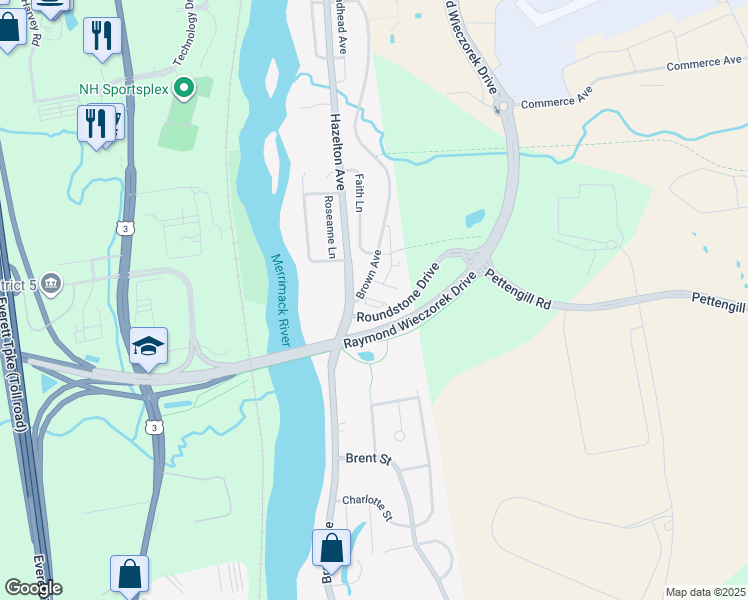 map of restaurants, bars, coffee shops, grocery stores, and more near 20 Roundstone Drive in Manchester