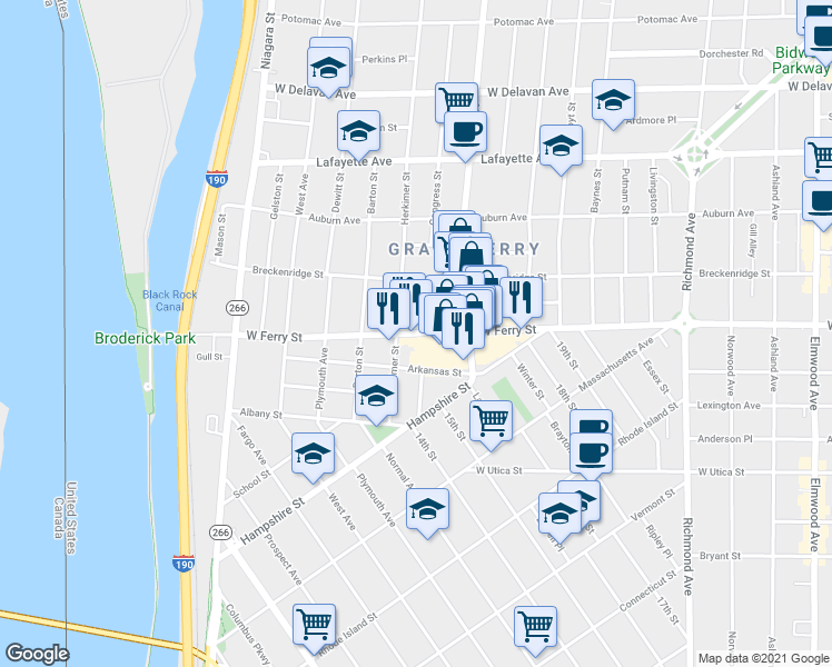 map of restaurants, bars, coffee shops, grocery stores, and more near 241 West Ferry Street in Buffalo