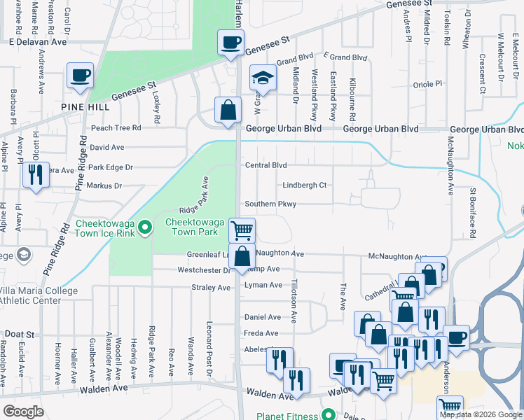 map of restaurants, bars, coffee shops, grocery stores, and more near 33 Southern Parkway in Buffalo